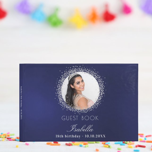 Navy blue silver photo glamourous birthday guest book (Creator Uploaded)