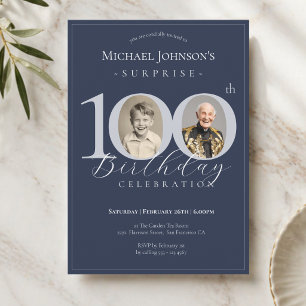 Navy Blue Silver Photo Surprise 100th Birthday Invitation