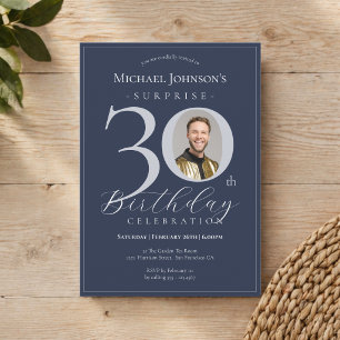 Navy Blue Silver Photo Surprise 30th Birthday Invitation