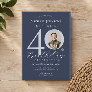 Navy Blue Silver Photo Surprise 40th Birthday Invitation