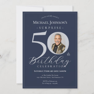 Navy Blue Silver Photo Surprise 50th Birthday Invitation