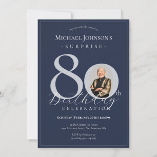 Navy Blue Silver Photo Surprise 80th Birthday Invitation