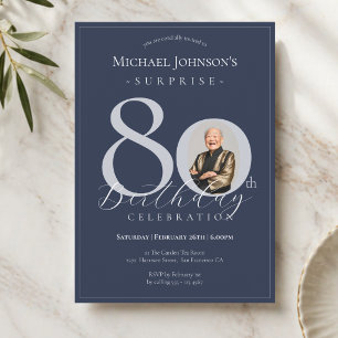 Navy Blue Silver Photo Surprise 80th Birthday Invitation