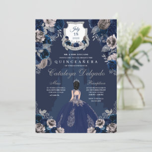 Navy Blue & Silver Princess Castle Quinceañera Invitation