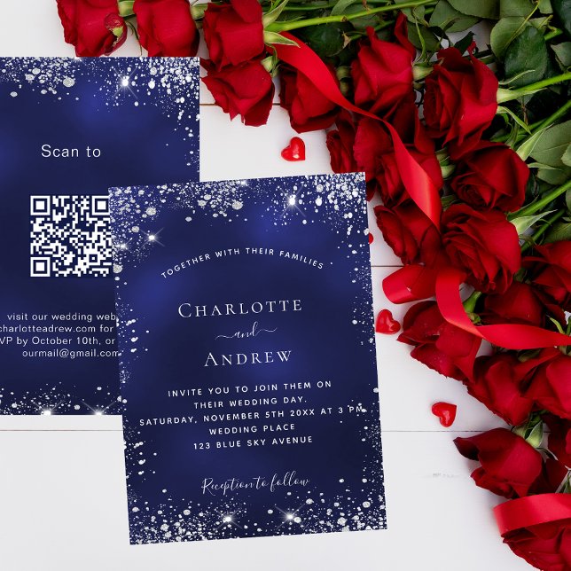 Navy blue silver QR code RSVP luxury wedding Invitation (Creator Uploaded)