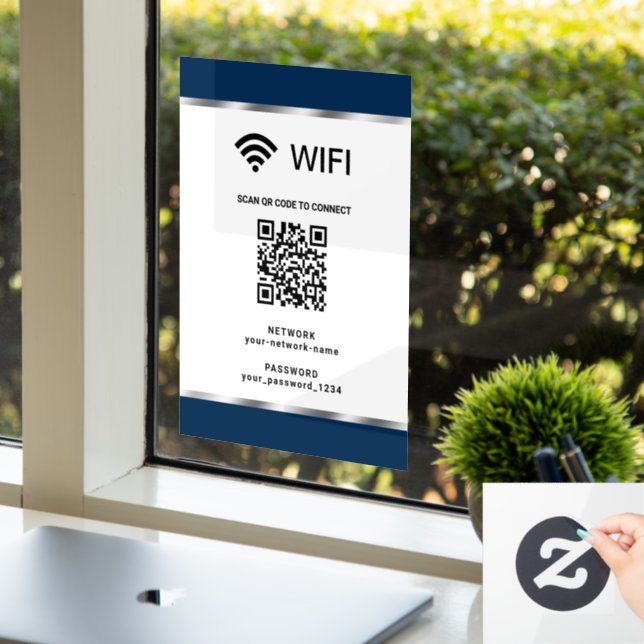 Navy Blue Silver QR Code Wifi Network and Password Window Cling (Office)