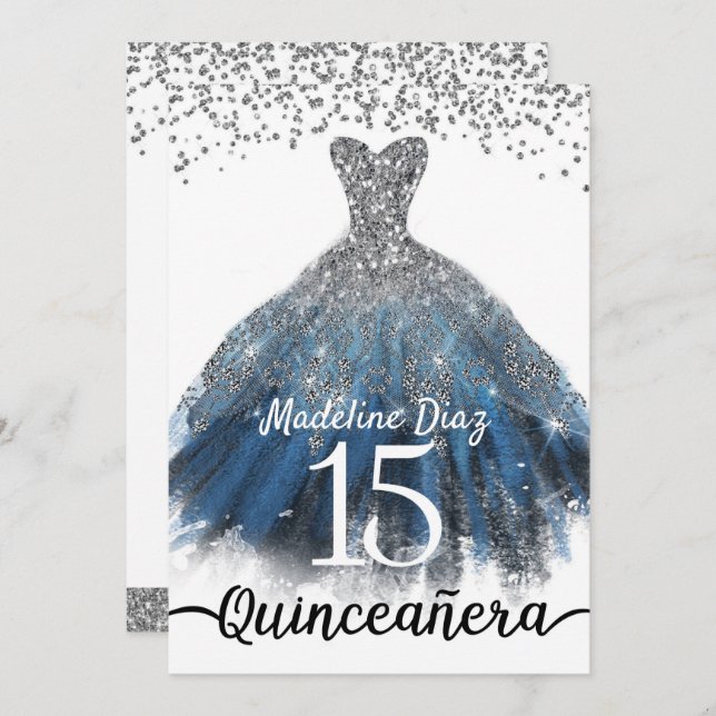 Navy Blue Silver Quinceanera Birthday Invitation (Front/Back)
