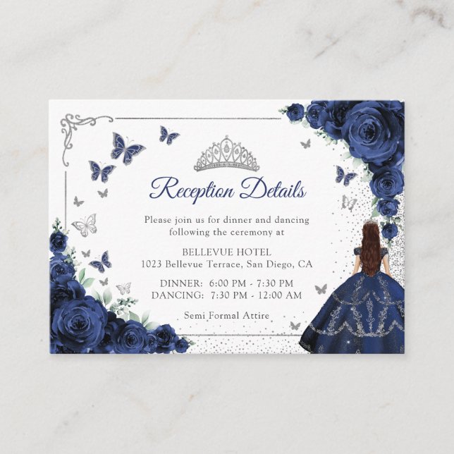 Navy Blue Silver Quincenarea Reception Details Enclosure Card (Front)