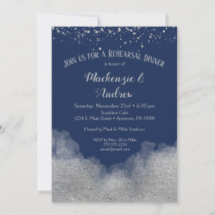 Navy Blue Silver Rehearsal Dinner Invitation