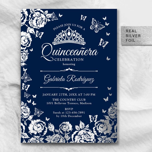 Navy Blue Silver Roses Butterflies Quinceanera (Creator Uploaded)