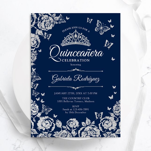 Navy Blue Silver Roses Butterflies Quinceanera Invitation (Creator Uploaded)