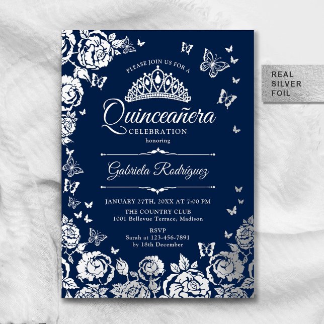 Navy Blue Silver Roses Quinceanera RSVP QR Code (Creator Uploaded)