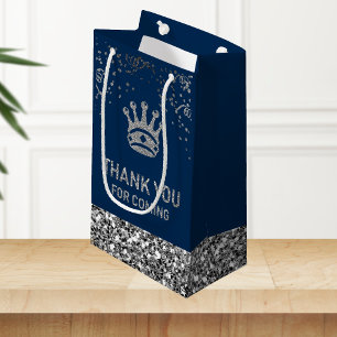 Navy Blue Silver Royal Prince Crown Thank You Small Gift Bag