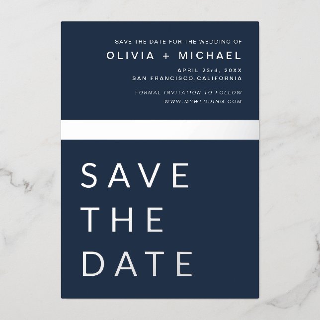 Navy Blue Silver Save the Date Elegant (Front)