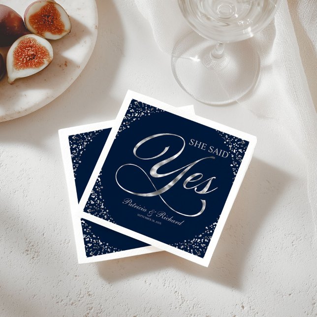 Navy Blue Silver She Said Yes Engagement Party Napkin (Creator Uploaded)