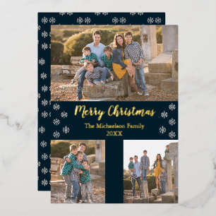 Navy Blue Silver Snowflake Christmas Collage Photo Foil Holiday Card