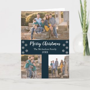 Navy Blue Silver Snowflake Christmas Collage Photo Holiday Card
