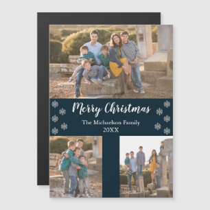 Navy Blue Silver Snowflake Christmas Photo Magnet
