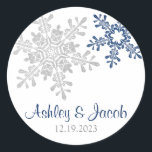 Navy Blue Silver Snowflake Wedding  Classic Round Sticker<br><div class="desc">Silver grey,  navy blue,  and white snowflakes winter wedding envelope seals or favour stickers. Navy blue and silver coloured bold snowflake design for a winter wedding.

Contact the designer if you want any other matching items to go with this design that aren't already included in the collection.</div>