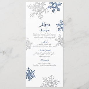 Navy Blue Silver Snowflake Winter Wedding Menu