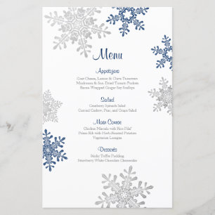 Navy Blue Silver Snowflake Winter Wedding Menu