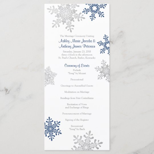 Navy Blue Silver Snowflake Winter Wedding Program Programme