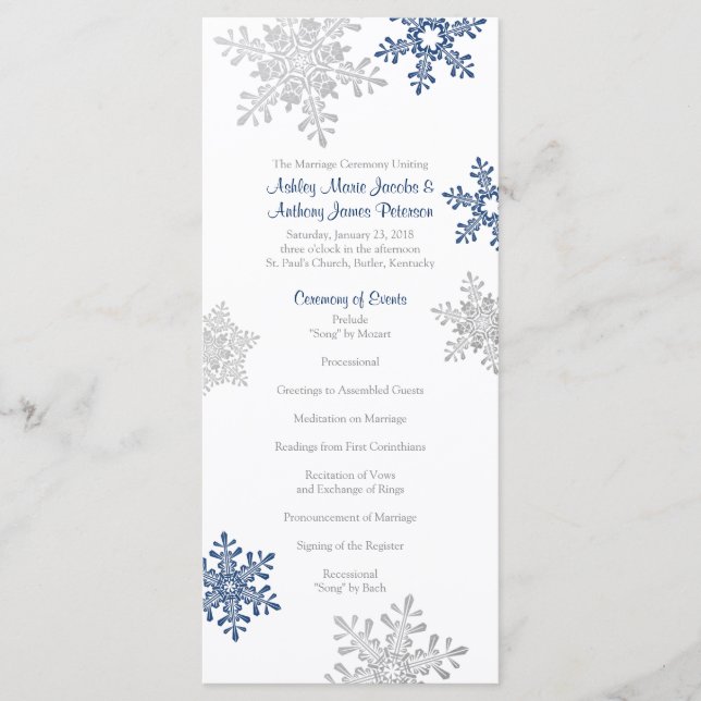 Navy Blue Silver Snowflake Winter Wedding Program Programme (Front)