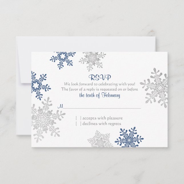 Navy Blue Silver Snowflake Winter Wedding RSVP (Front)