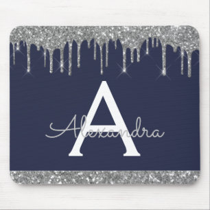 Navy Blue Silver Sparkle Glitter Monogram Mouse Mat