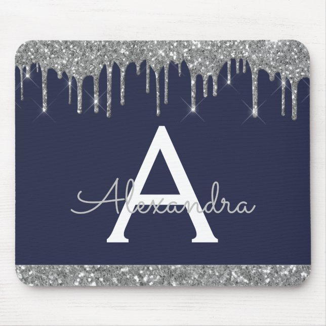 Navy Blue Silver Sparkle Glitter Monogram Mouse Mat (Front)