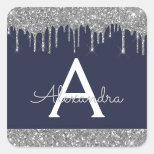 Navy Blue Silver Sparkle Glitter Monogram Square Sticker