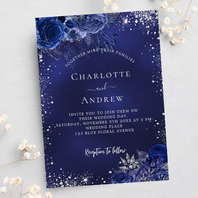 Navy blue silver sparkles floral luxury wedding invitation (Creator Uploaded)