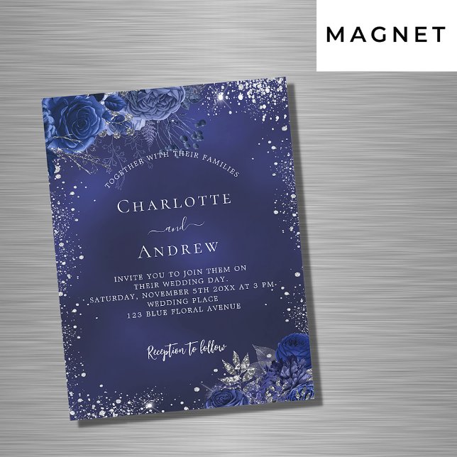 Navy blue silver sparkles floral luxury wedding magnetic invitation (Creator Uploaded)