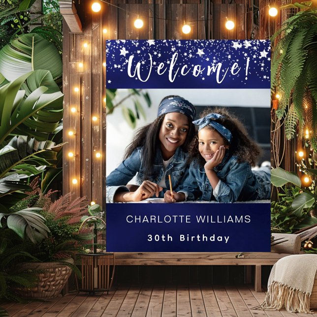 Navy blue silver star photo birthday party welcome poster (Creator Uploaded)