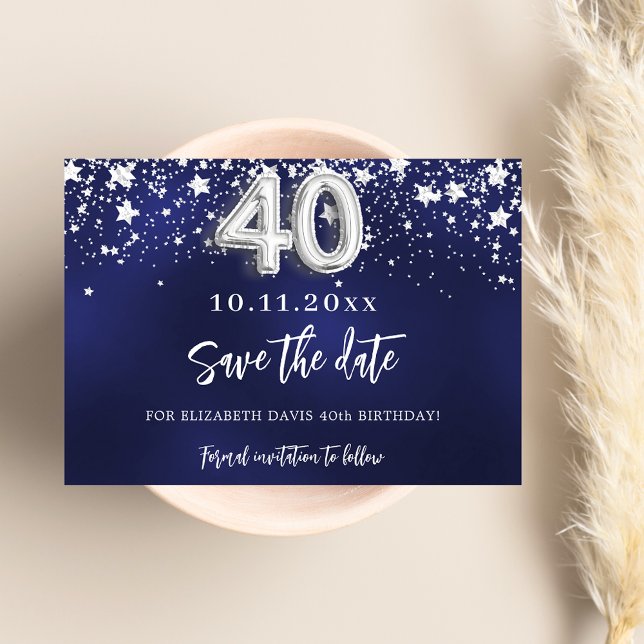 Navy blue silver stars 40th birthday save the date (Creator Uploaded)