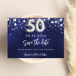 Navy blue silver stars 50th birthday save the date<br><div class="desc">A modern and elegant Save the Date for a 50th birthday part.   A navy blue background decorated with faux silver stars. Personalise and add a date and name. The blue colour is uneven.  The text: Save the Date is written with a large trendy hand lettered style script.</div>