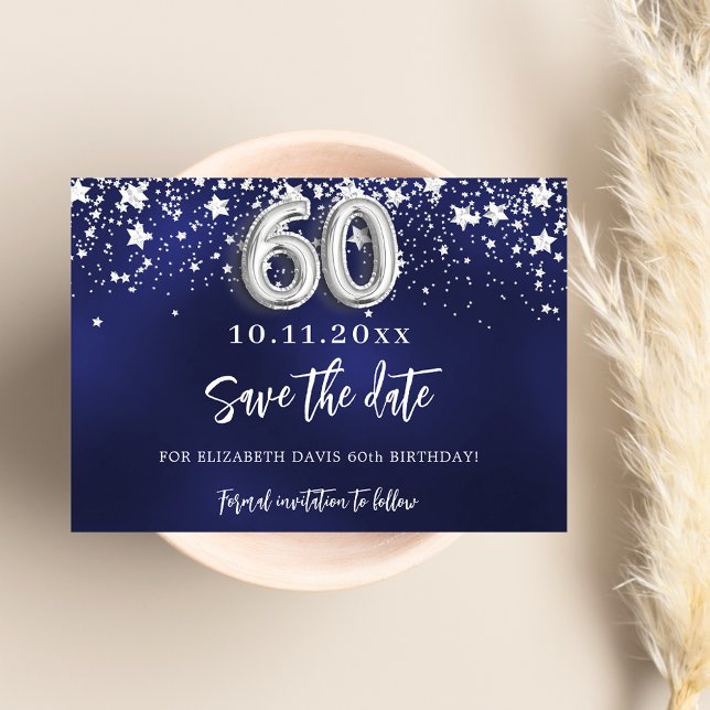 Navy blue silver stars 60th birthday save the date (Creator Uploaded)