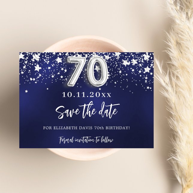 Navy blue silver stars 70th birthday save the date (Creator Uploaded)