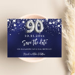 Navy blue silver stars 90th birthday save the date<br><div class="desc">A modern and elegant Save the Date for a 90th birthday part.   A navy blue background decorated with faux silver stars. Personalise and add a date and name. The blue colour is uneven.  The text: Save the Date is written with a large trendy hand lettered style script.</div>