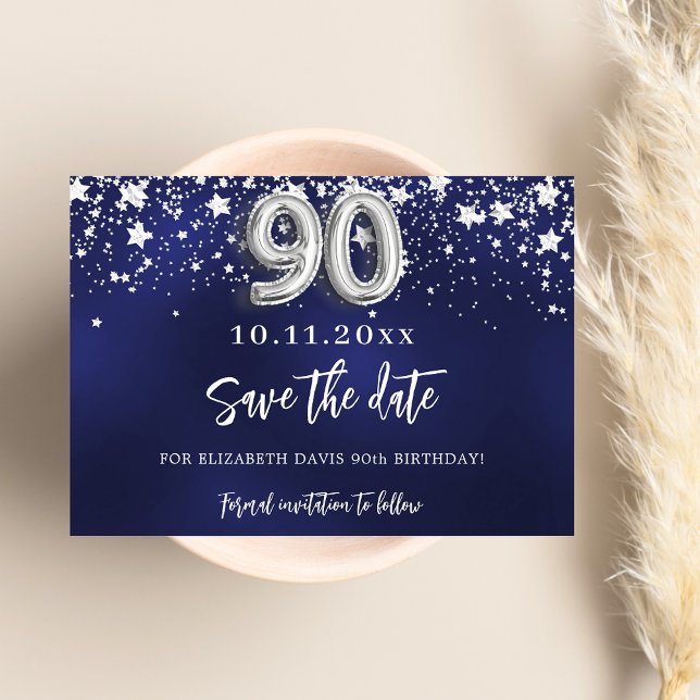 Navy blue silver stars 90th birthday save the date (Creator Uploaded)
