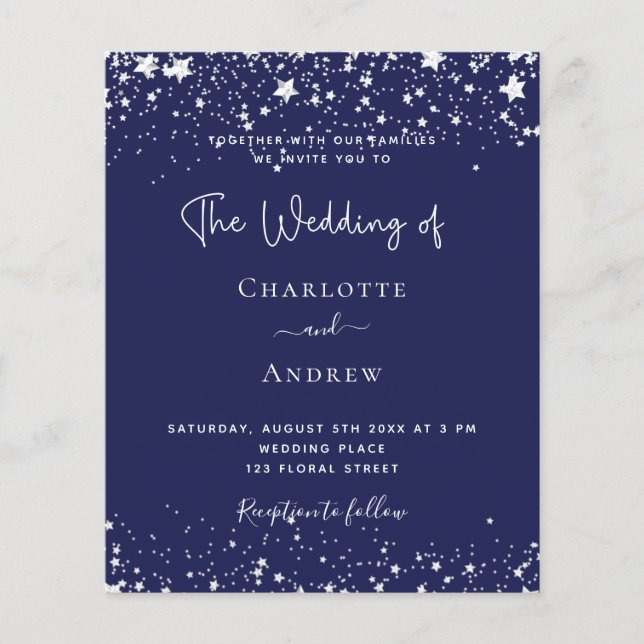 Navy blue silver stars budget wedding invitation flyer (Front)