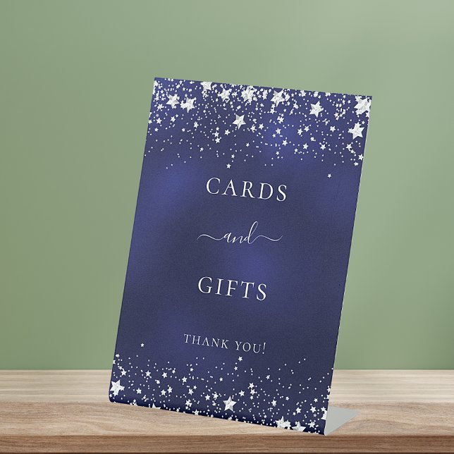 Navy blue silver stars cards gifts pedestal sign (Creator Uploaded)