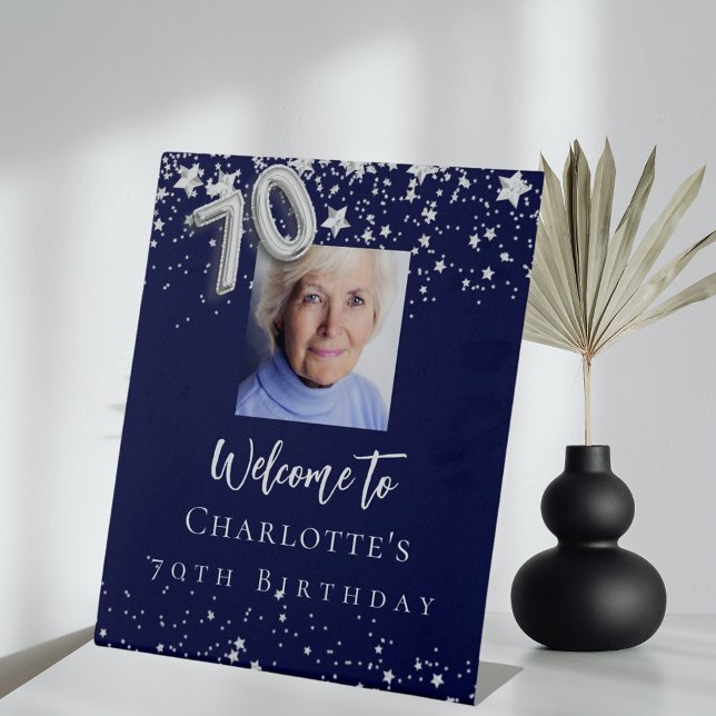 Navy blue silver stars photo 70th birthday welcome pedestal sign (Creator Uploaded)