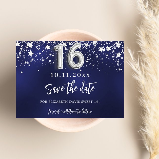 Navy blue silver stars Sweet 16 Save The Date (Creator Uploaded)