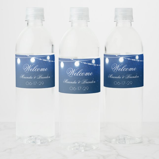 Navy Blue & Silver String Lights Country Wedding Water Bottle Label (Bottles)