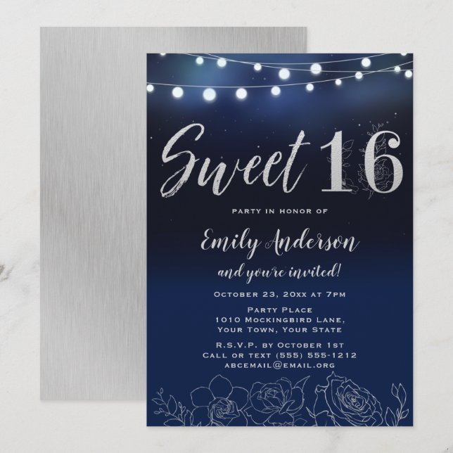 Navy Blue Silver String Lights Floral Sweet 16 Invitation (Front/Back)