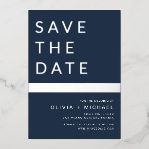 Navy Blue Silver Stripe Save the Date Elegant 