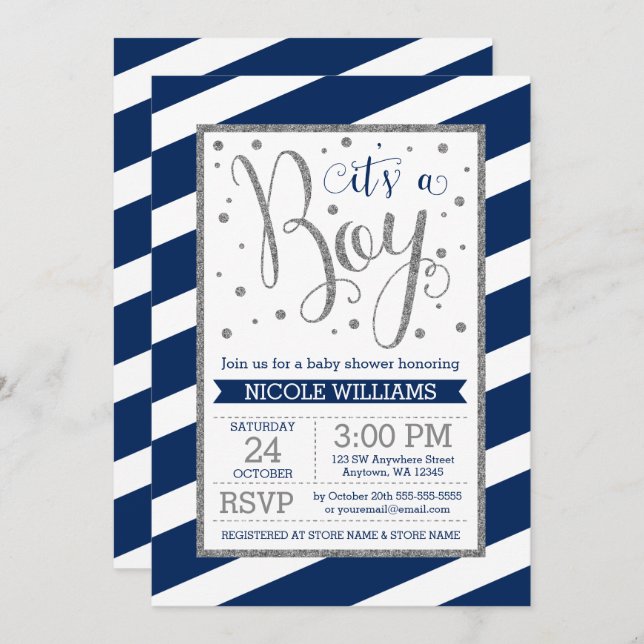 Navy Blue Silver Stripes Boy Baby Shower Invitation (Front/Back)