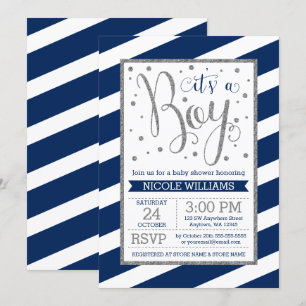 Navy Blue Silver Stripes Boy Baby Shower Invitation