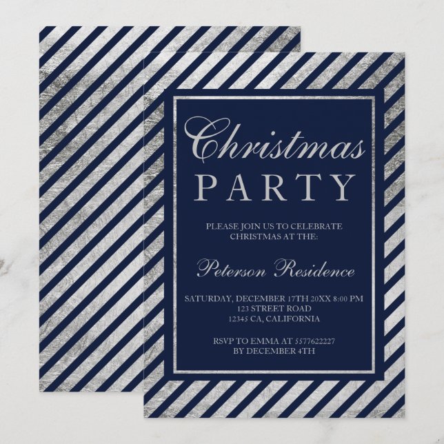 Navy blue silver stripes corporate Christmas Invitation (Front/Back)